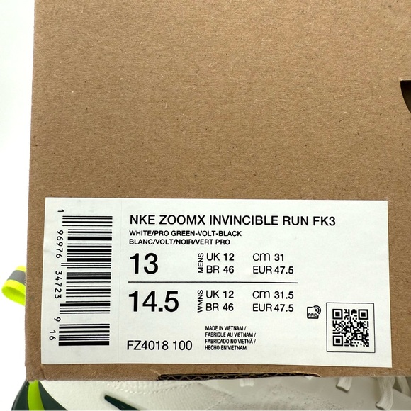 New Nike ZoomX Invincible Run FK3 White Green Black 13 Shoes Wake Up Package - Picture 10 of 10
